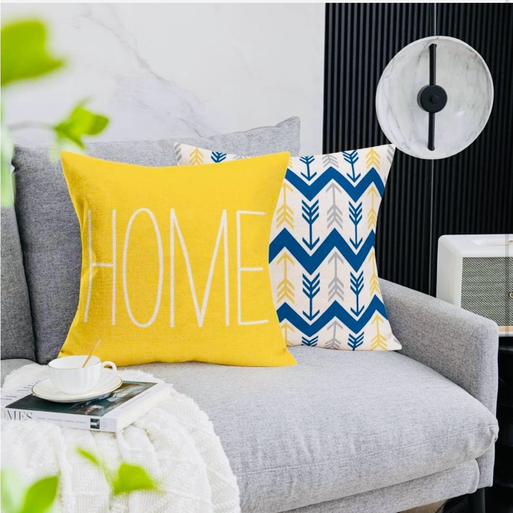 Geometric Set of 4 Throw Pillow Covers Blue Yellow Grey NEW - Picture 5 of 12